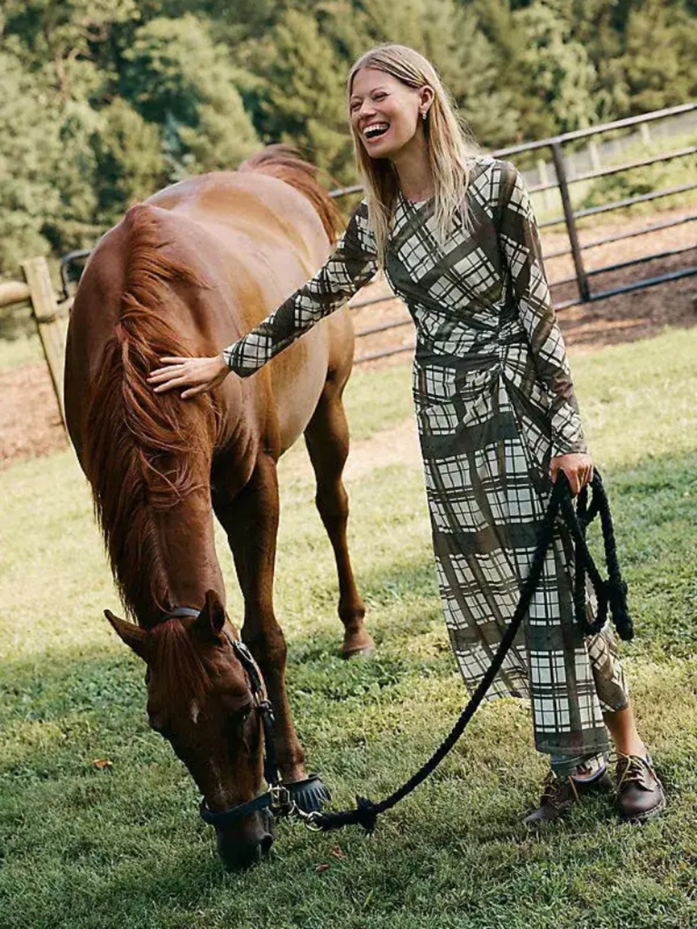 Anthropologie By Anthropologie Long-Sleeve Ruched Mesh Midi Dress PLAID nwt 2X